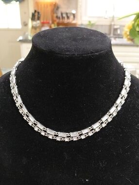 Silver-tone, Double-Tier, Crystal Baguette &  Round Necklace - Classic Jewelry..